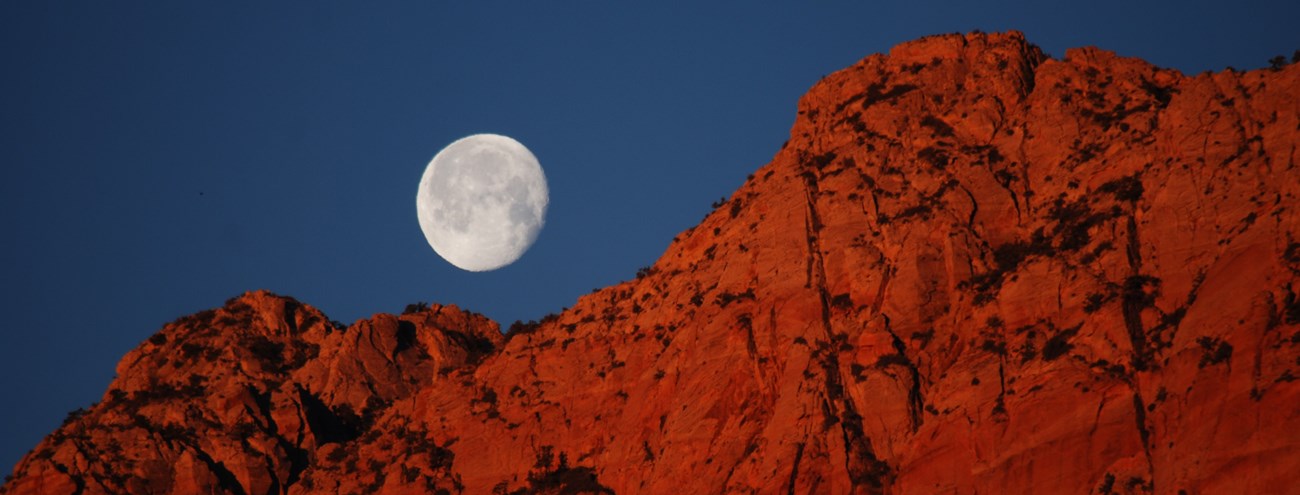 A bright moon rises over red cliffs.