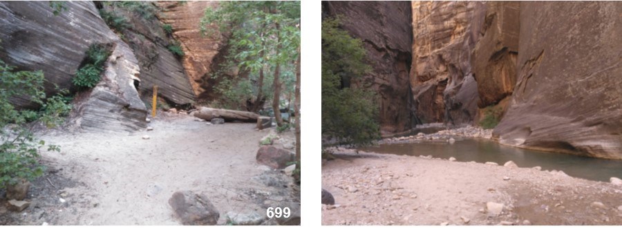 A dirt campsite and the view of a narrow canyon with a river in it.