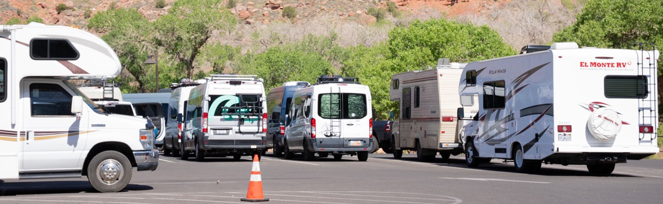 Various RVs and camper vans are parked in a sunny parking lot.