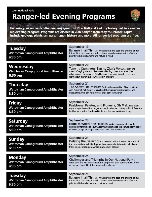 Evening Program Calendar Sept 19 - Sept 26