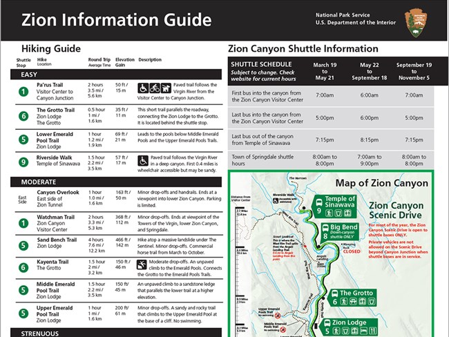 A screenshot image of the 2022 summer information guide. Across the top is the a black bar with the NPS arrowhead and the text "Zion Information Guide." Beneath the bar, on the right side is a map of Zion Canyon, on the left side is a Hiking Guide