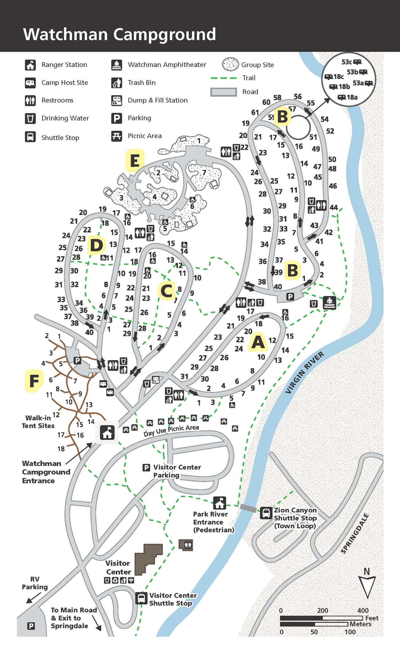 A map showing the layout of Watchman Campground.