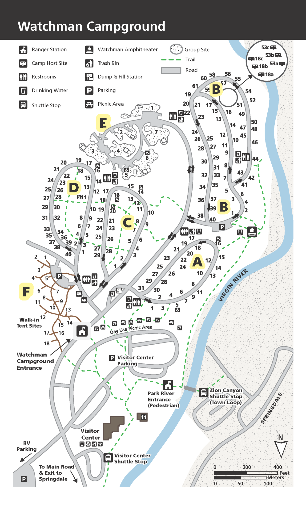 A map showing the layout of Watchman Campground.