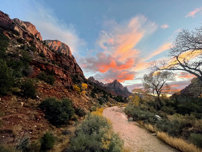 Pink clouds and a crescent moon rest above red cliffs, with a river running through the foreground.