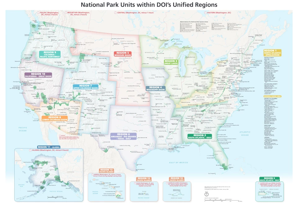 Department of the Interior Unified Regions Map Map of the United States showing National Park Service regions and national parks