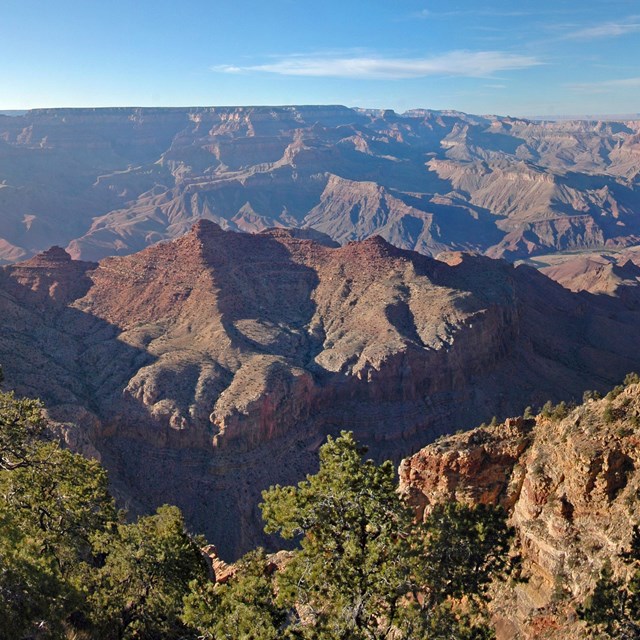 Overlooking the vast canyon and sheer cliff walls