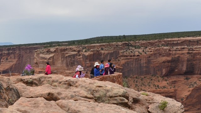 Visitors standing at an overlook and viewing the canyon below.
