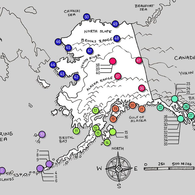 Hand drawn map of the Aleutian region of the state of Alaska.