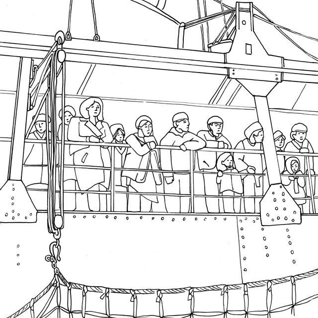 A line drawing with view looking up towards an exterior section of a ship showing 12 people.
