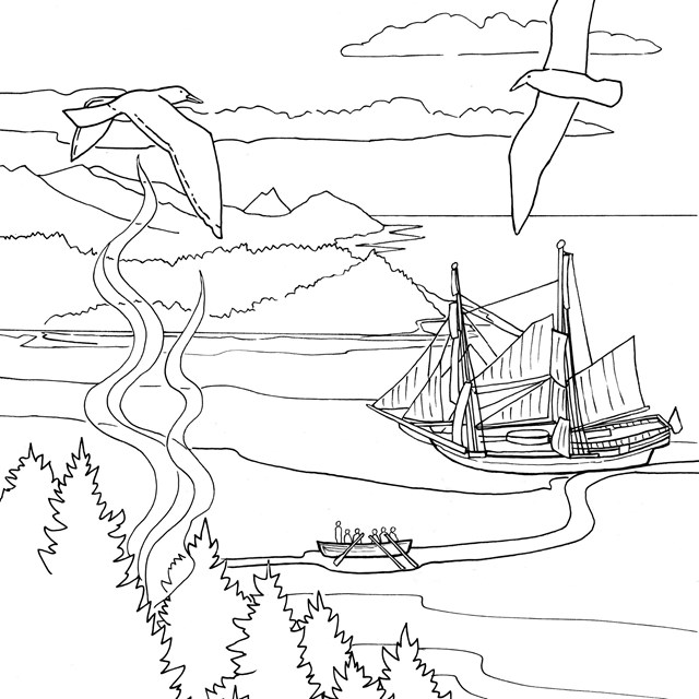 A line drawing aerial view showing a hilly forested coastline with a boat paddling near a ship.