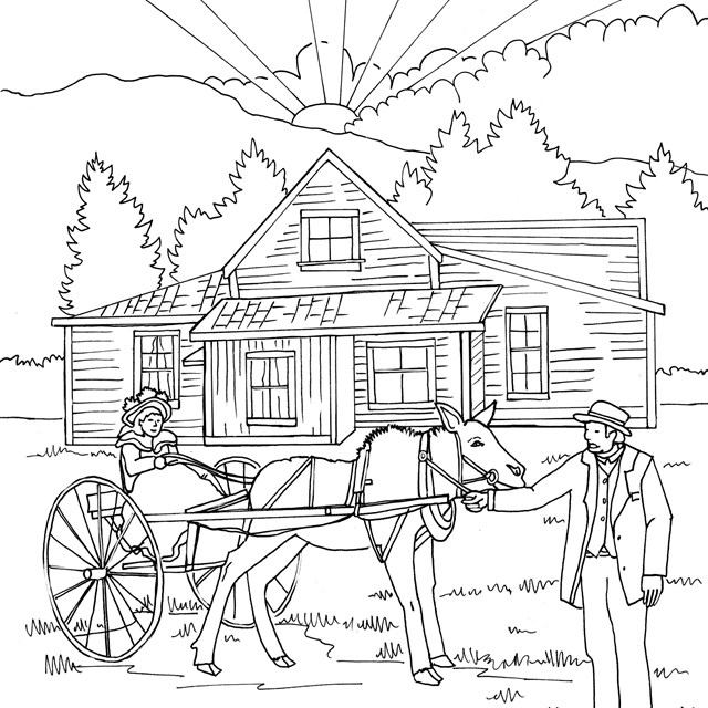 A line drawing of a girl sitting in a cart hitched to a moose with a man nearby and a house behind.