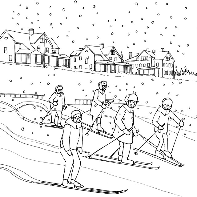A line drawing with people skiing down a hill of the parade ground with large 2-story houses behind.