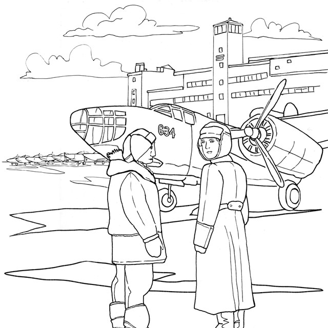 A line drawing of two pilots meeting with WWII era planes and an aircraft control tower building.