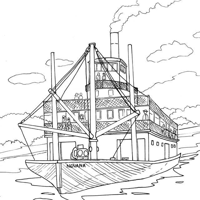 A line drawing with a sternwheeler in a river and passengers seen on the five stacked boat decks.