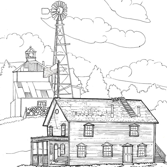 A line drawing with a two-story courthouse, firehouse with belltower, pumphouse, and a windmill.