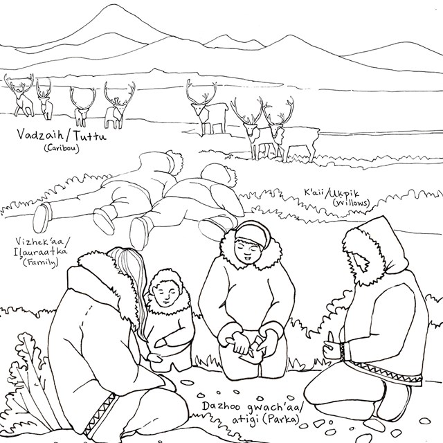  line drawing with Alaska Native people wearing traditional clothing and caribou on the tundra.