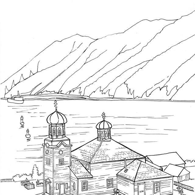 A line drawing of a church with water and mountains in the background.