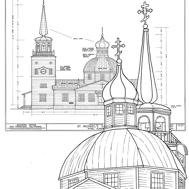  A line drawing of a cathedral with octagonal and onion shaped domes and a belltower. 
