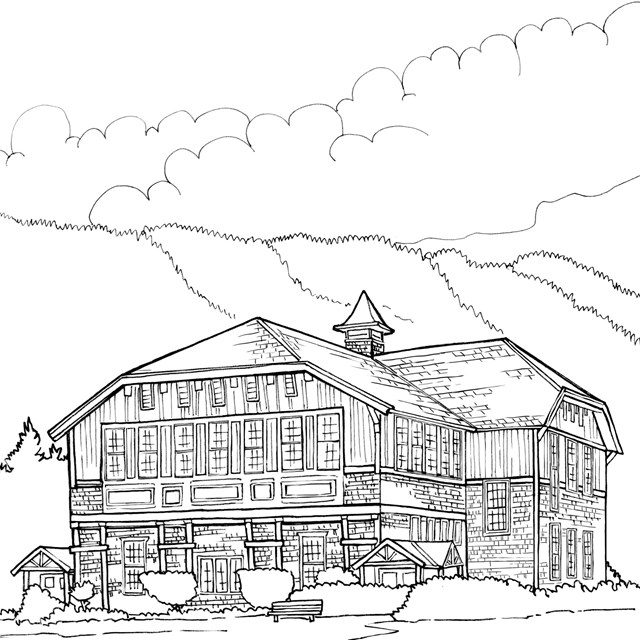 A line drawing of an architecturally decorative looking large two-story building.