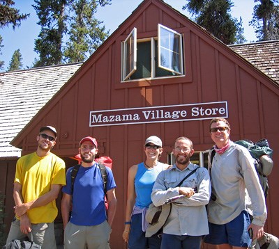 Happy hikers outside the Mazama Village Store