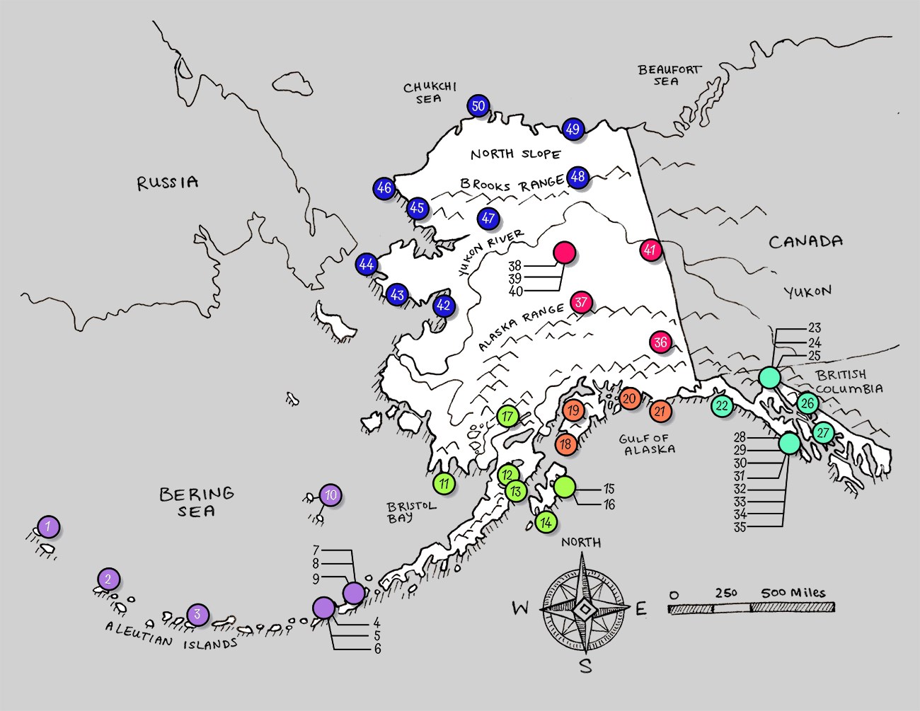 Hand drawn map showing the state of Alaska with 50 circles representing locations of National Historic Landmarks.