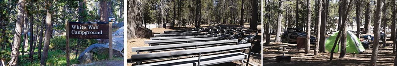 Left image: Wooden campground entrance sign; Middle image: Empty campground amphitheater; Right image: Campsite with tent and vehicle.